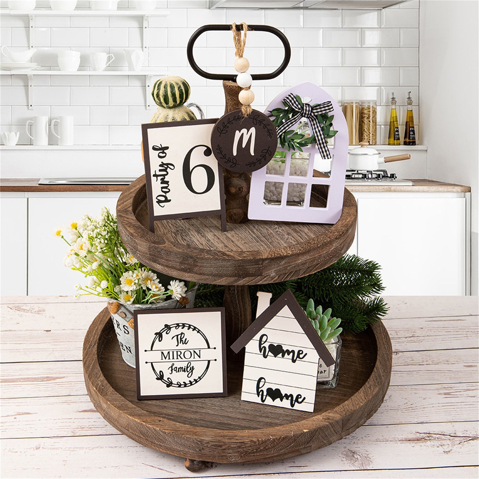 Zerbueate Home Decor Clearance Farmhouse Decor For Tiered Tray Rustic Wooden Sign Farmhouse Table Centerpieces With Artificial String Light Plastic Stand For Kitchen Table Decor Housewar